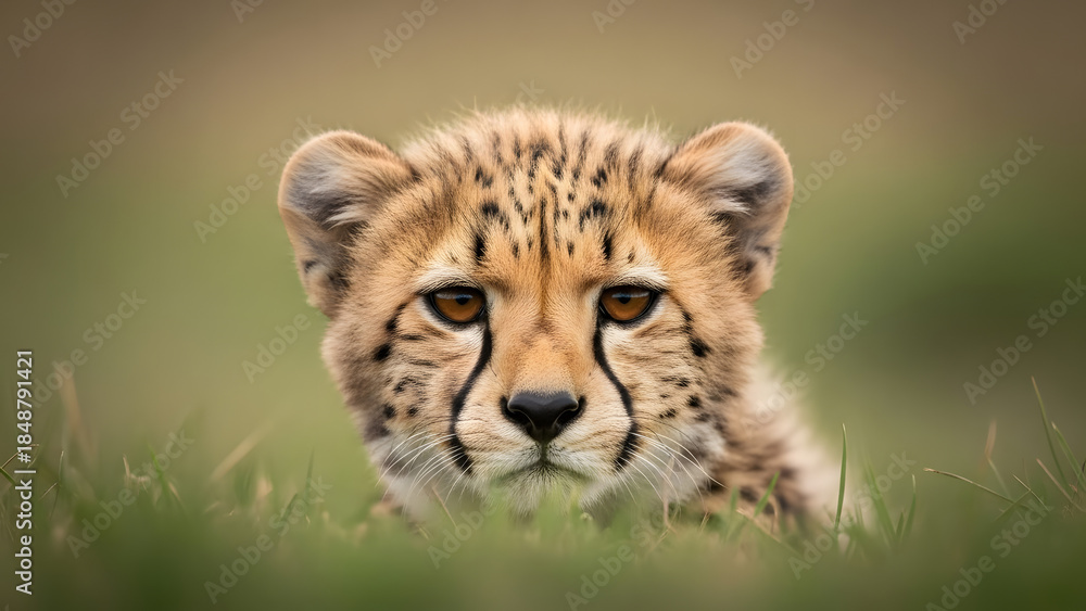 Obraz premium Cheetah cub hiding in grass