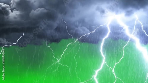 Powerful Lightning Storm Striking On Green Screen For Dramatic Weather Effects Cinematic Motion Graphics