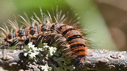 A close-up shot of a vibrant, hairy caterpillar with black and orange stripes slowly crawling on a lichen-covered tree branch in a natural setting, perfect for nature documentaries and educational.