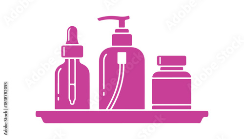 Cosmetic bottles displayed on a tray, represented as an outline icon. A simple illustration of body skin care in a hotel environment. Flat isolated vector design on a white background.