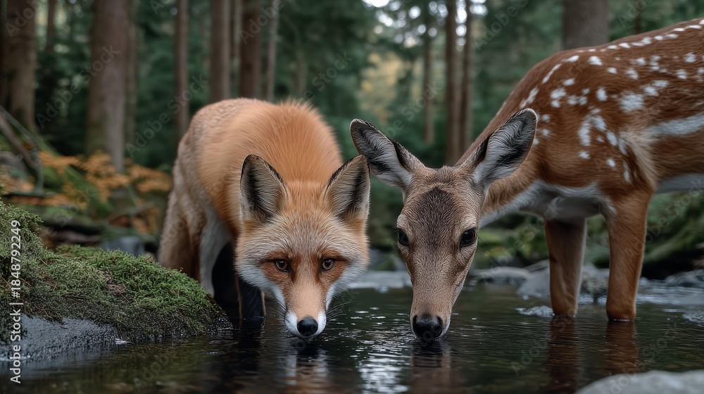 Naklejka premium A fox and a deer are standing next to each other in a stream, both drinking water. The fox is looking at the deer, possibly curious about it or just enjoying the moment. The scene is peaceful