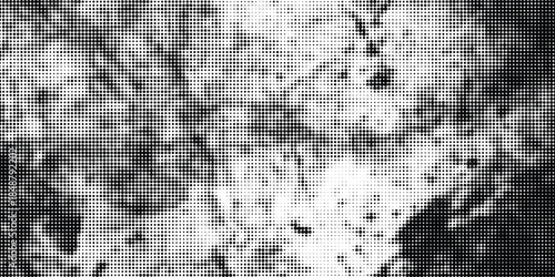 Grunge halftone gradient background. Faded grit noise texture. White and black sand wallpaper. Retro pixelated backdrop. Anime or manga style comic overlay. Vector graphic design textured template