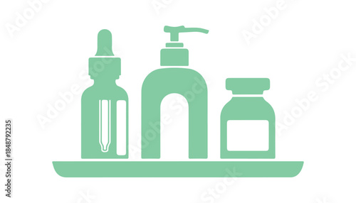 Outline icon of cosmetic bottles on a tray. Includes a dropper, dispenser, and spa vial. A simple illustration representing body skin care in a hotel. Flat vector pictogram on a white background.