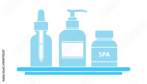 An outline icon depicting cosmetic bottles arranged on a tray. This includes a dropper, a dispenser, and a spa vial, representing a simple illustration of body skin care in a hotel setting. 