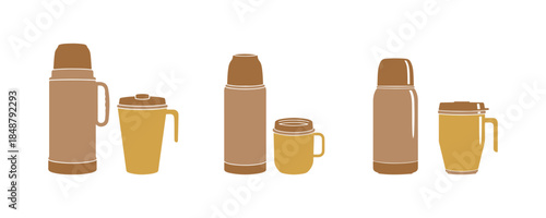 Thermos and Thermo cup graphics isolated on a white surface. Vector illustration

