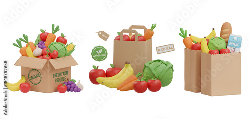 3D render Nutritious Groceries and Fresh Organic Produce Presented in Environmentally Friendly Bags.
