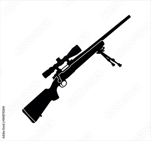 Sniper rifle silhouette with scope and bipod vector graphic