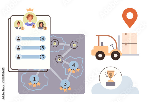 Leaderboard highlighting rankings, level progression with locks and stars, forklift moving boxes, trophy on cloud, and location pin. Ideal for competition, achievement, logistics, progress teamwork