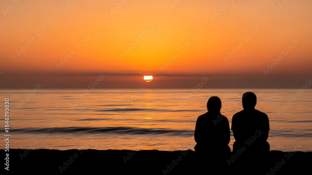 Fototapeta premium Couple watching serene sunset together on beach