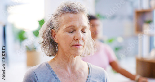 Konstfotografi Yoga class, mature woman and meditation for mindfulness, fitness or breathing exercise for peace