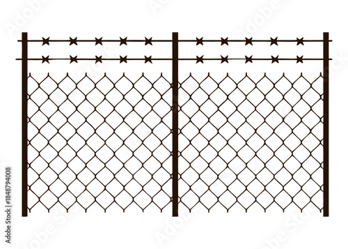 Barbed Wire Security Fence Vector – Chain-Link Mesh with Triple Strand Spiked Wire and Metal Posts