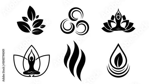 Elegant black yoga and wellness symbols for mindfulness branding