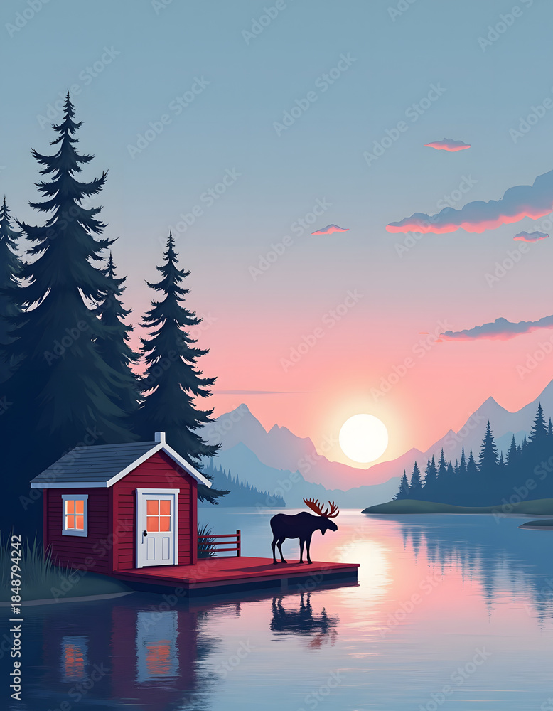 Obraz premium Serene lakeside cabin with moose at sunset, tranquil wilderness scene