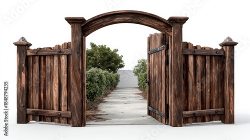 A wooden gate with a large archway and a path leading through it. The gate is open, revealing a lush green garden beyond. Concept of tranquility and escape from the hustle and bustle of everyday life