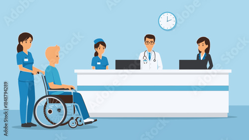 Medical staff assisting patient in wheelchair at hospital reception desk
