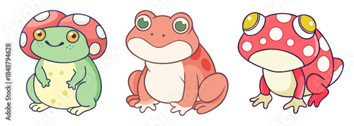 Adorable toad characters with mushroom caps and pink spots for whimsical designs