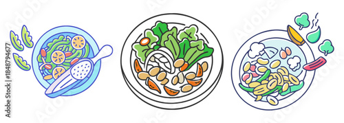 Colorful trio of fresh healthy vegetable stir fry bowls artistic sketch food dish