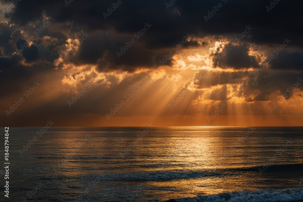 Obraz premium Dramatic Seascape at Golden Hour: Warm Horizon Light Through Stormy Sky