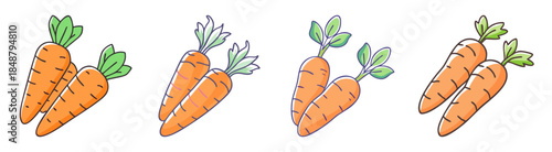 Four adorable baby carrot illustrations with green tops fresh healthy vegetables food art collection