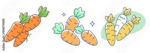 Three groups of colorful baby carrots with green leafy tops presented in a delightful artistic composition