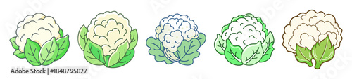 A close up shot of five cauliflower heads showing their white florets and green leaves in detail