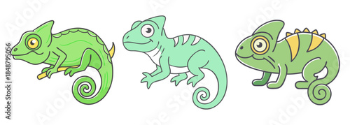 Three charming green chameleons with distinct patterns displayed side by side for visual appeal