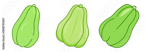 Three light green chayote squash fruits isolated on showing different angles