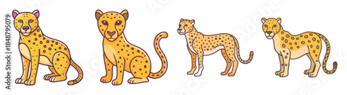 Four cheetah illustrations capturing graceful poses dynamic movement and distinct spot patterns detailed wildlife art