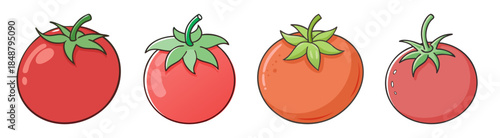 Four fresh red cherry tomatoes with green stems displaying slight color variations