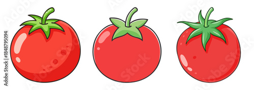 Three vibrant red cherry tomatoes with green stems presented in a simple linear arrangement on a clean surface