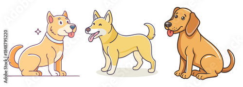 Three adorable cartoon dogs posed together showing different breeds and expressions of canine companionship and joy