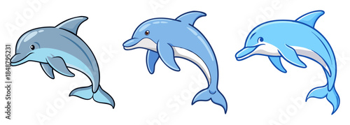 Three playful blue dolphins leaping and swimming in the water realistic artistic rendering