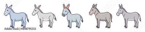 Collection of donkey silhouettes showing different artistic styles and color treatments from sketch to soft hue