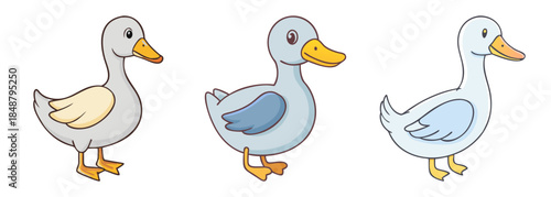 Three adorable cartoon ducks standing together cute aquatic bird graphics for kids and nature lovers