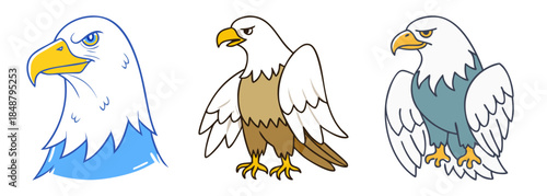 Three distinct bald eagle drawings showcasing iconic features and stylized appearances in a collage format