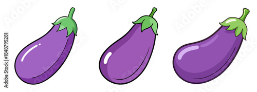Three vibrant purple eggplants displayed side by side on a clean white canvas suitable for graphics