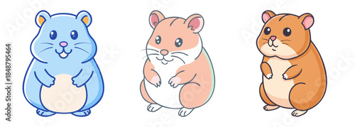 Three adorable cartoon hamsters featuring blue orange and brown fur standing side by side
