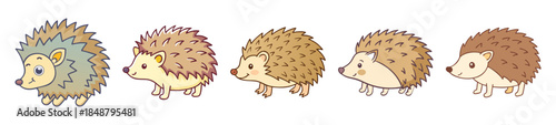 Adorable hedgehog family portrait featuring five cute and cozy spiky mammals in a sweet composition
