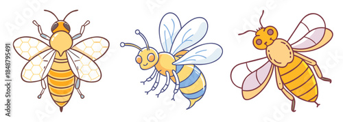 Three charming honeybee illustrations showcasing distinct poses and vibrant yellow and orange striped bodies