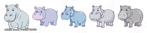 Adorable cartoon safari animals including a hippo elephant rhino and giraffe in a row
