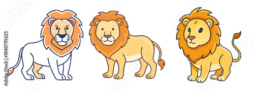 Three adorable cartoon lions with majestic manes showcased in a playful presentation featuring diverse poses and expressive faces