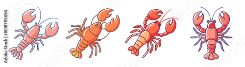 Collection of four vibrant red lobsters displaying their claws and appendages in a lively composition