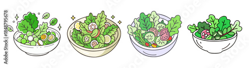 Four vibrant glass bowls overflowing with fresh mixed greens salads and colorful garden vegetables for a healthy meal