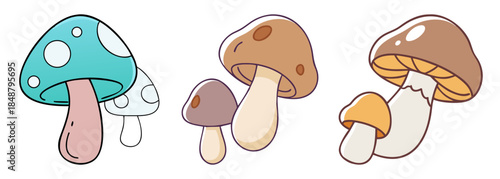 Whimsical trio of cartoon mushrooms in various colors and sizes adorable fungi design elements