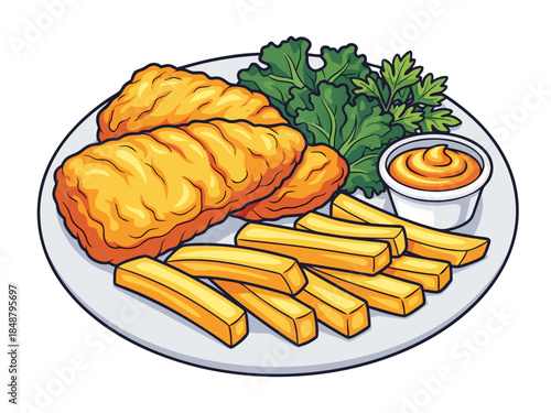 Delicious Plate of Fried Fish and Crispy French Fries with Dipping Sauce, a Classic Meal