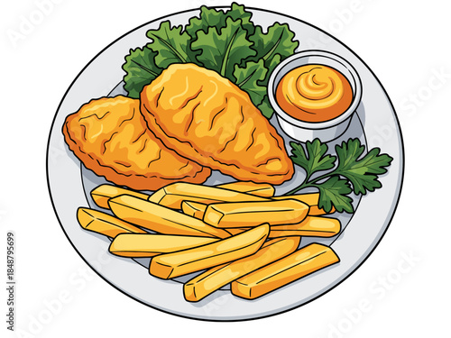 Delicious plate of golden fried chicken nuggets and crispy french fries served with a side of creamy dipping sauce and fresh greens
