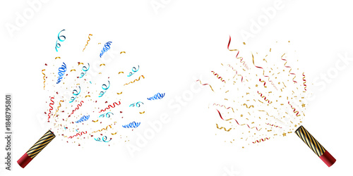 Set of Celebration Confetti Cannon With Bright Curling Ribbons And Paper Confetti Explosion Isolated On Transparent Background
