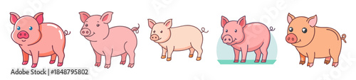Whimsical pig collection five adorable pink farm animals posed in a cartoon style
