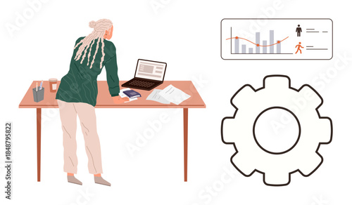 Person reviewing data on laptop, papers on desk, report graphs, and large gear icon. Ideal for business strategy, workflow, data analysis, career growth, research planning teamwork simple flat
