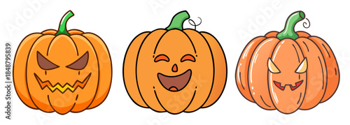 Three festive jack-o-lanterns with different expressive faces ready for halloween decorations